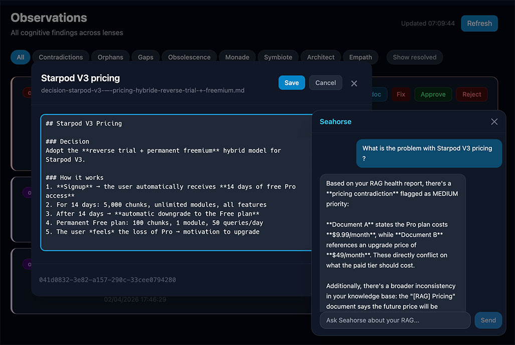 Seahorse dashboard showing document analysis, contradiction detection, and AI chat
